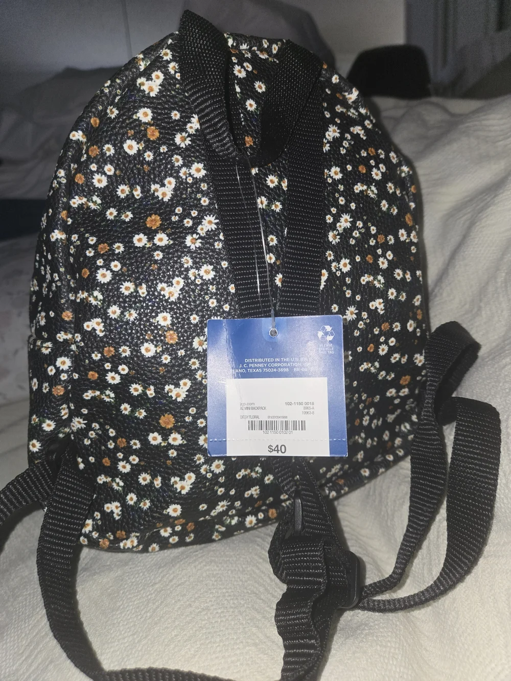Arizona Jean Company Black Mini Backpack with White and Brown Daisy Print
